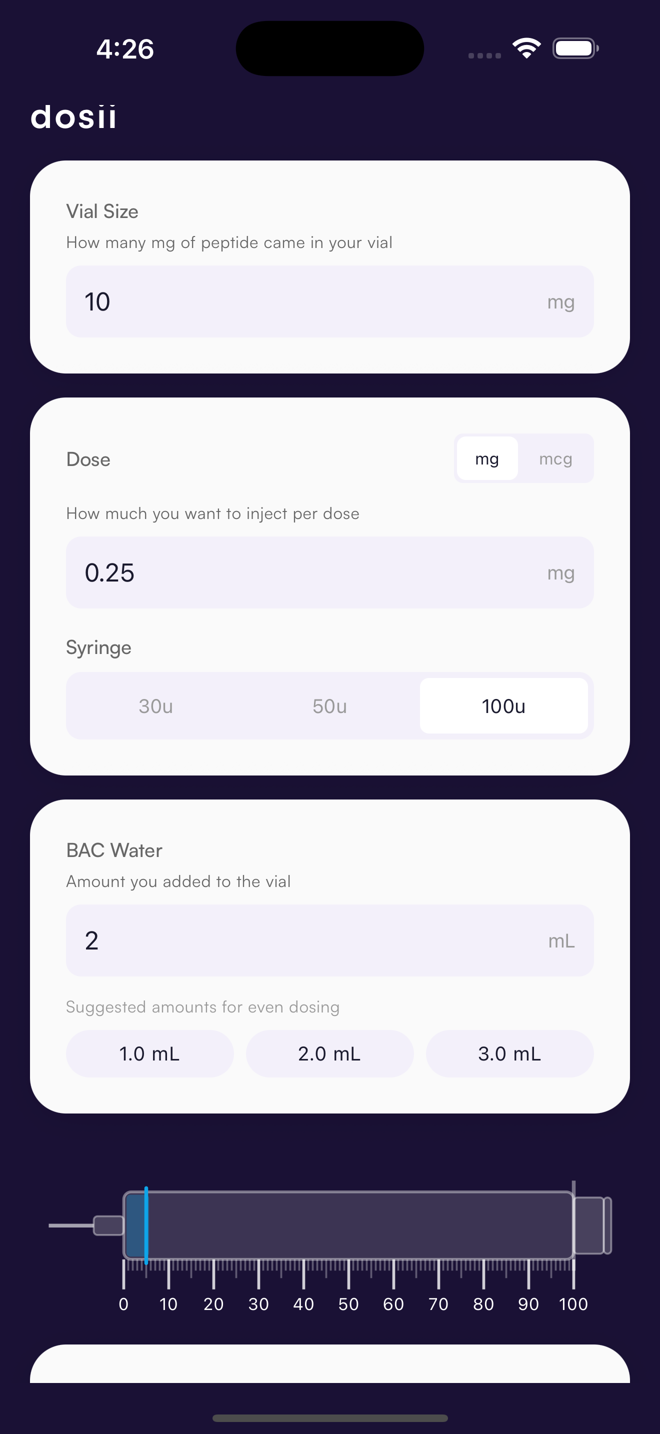The Dosii peptide calculator interface on iPhone