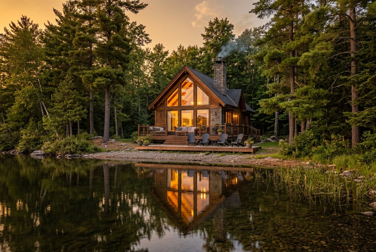 A glowing cabin beside a quiet lake, from the STR Leads showcase